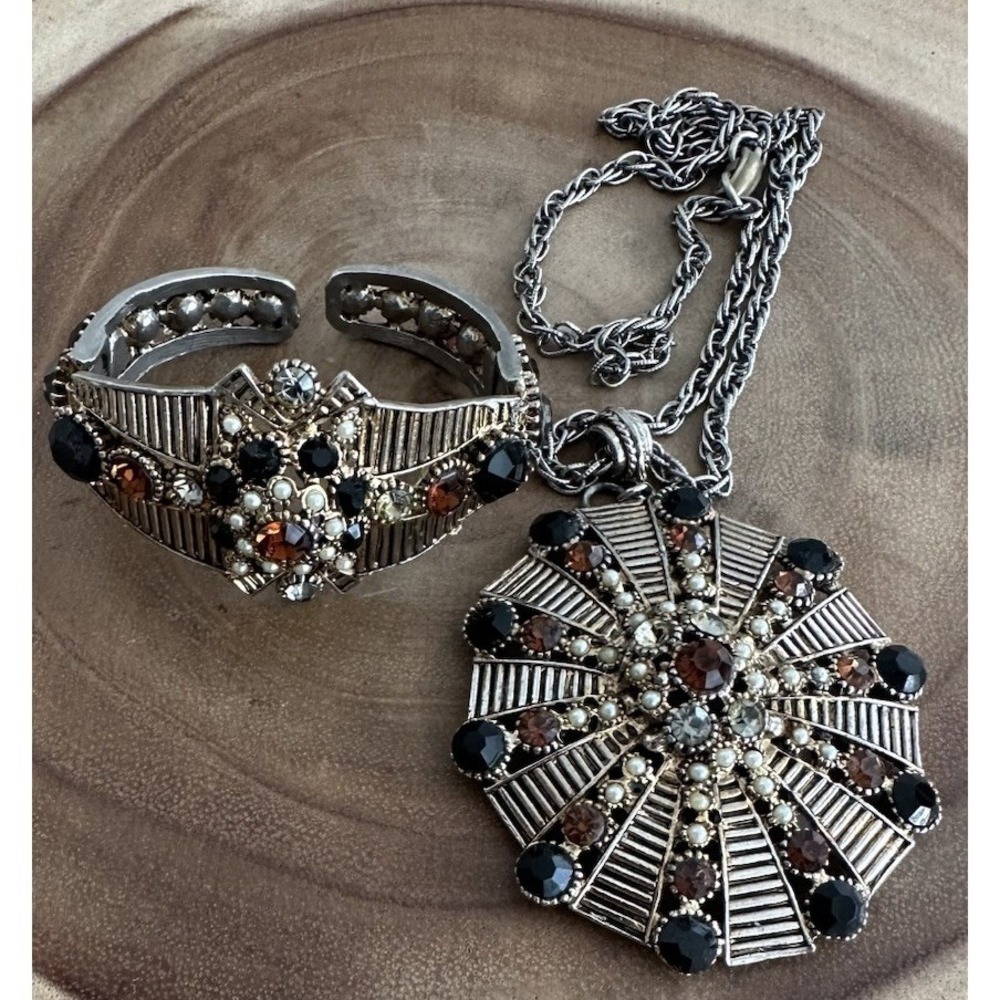 Vintage Hollycraft Statement Necklace & Cuff Bracelet Silver Gold Citrine Black